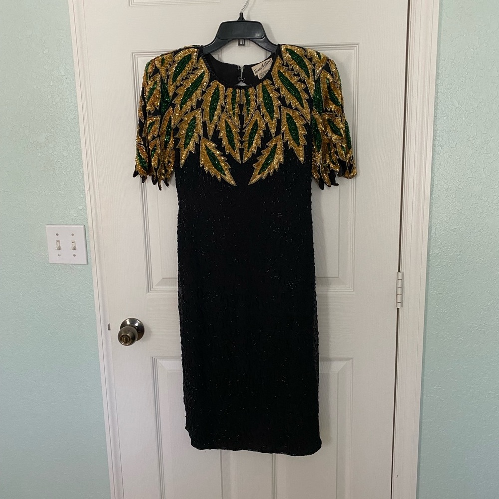 Vintage Temptations Black and Gold Silk Sheath Dress with Flutter Sleeves